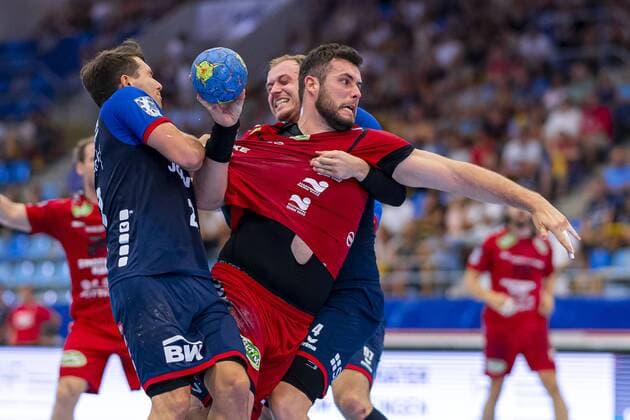 Bietigheim, Germany 25 August 2019 2 BL 19 20 SG BBM Bietigheim vs ASV Hamm Westfalen v left Jan Asmuth SG BBM Bietigheim , Jan Brosch Hamm , Patrick Rentschler SG BBM Bietigheim Bietigheim Egetrans Arena Baden Württemberg Germany