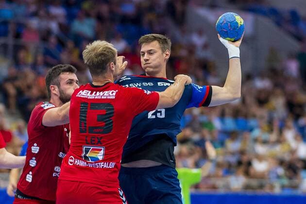 Bietigheim, Germany 25 August 2019 2 BL 19 20 SG BBM Bietigheim vs ASV Hamm Westfalen Stefan Lex Hamm , Maximilian Trost SG BBM Bietigheim Bietigheim Egetrans Arena Baden Württemberg Germany