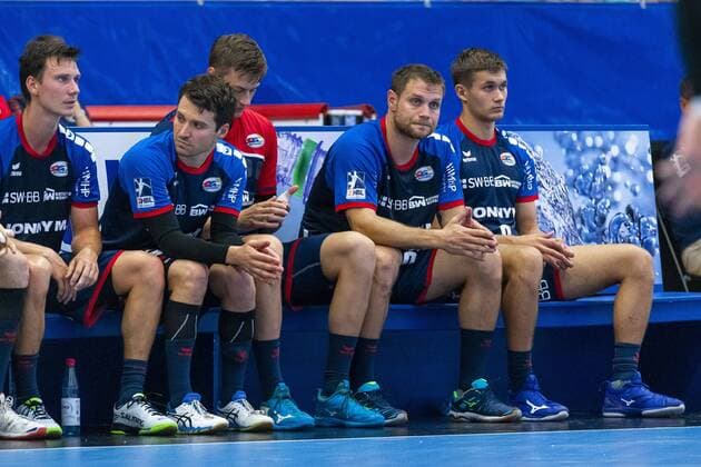 Bietigheim, Germany 25 August 2019 2 BL 19 20 SG BBM Bietigheim vs ASV Hamm Westfalen v li Max Emanuel SG BBM Bietigheim , Christian Schäfer Schaefer SG BBM Bietigheim , Maximilian Trost SG BBM Bietigheim , Michael Kraus SG BBM Bietigheim , Max Oehler Öhler SG BBM Bietigheim dissatisfied disappointed disappointed defeated frustrated, Bietigheim Egetrans Arena Baden Württemberg Germany