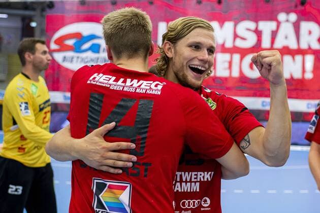 Bietigheim, Germany 25 August 2019 2 BL 19 20 SG BBM Bietigheim vs ASV Hamm Westfalen Ivar Stavast Hamm , Marten Franke Hamm Jubel Freude Emotion Torjubel Torschuetze Torschütze Bietigheim Egetrans Arena Baden Württemberg Germany