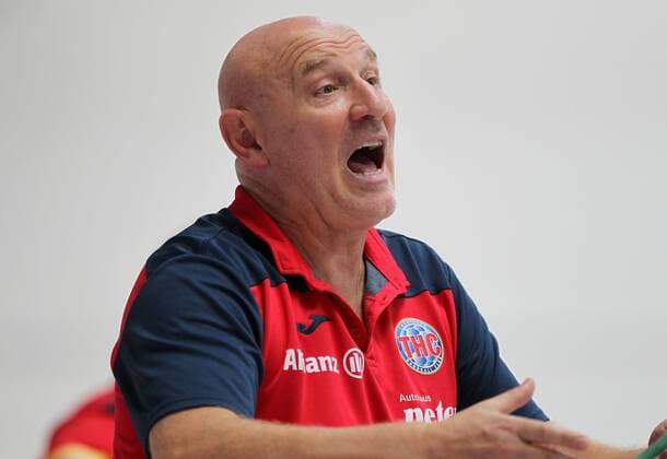 Handball 1 Bundesliga women, season opening, THC Kopenhageb Haandbold 25 08 2019, Erfurt, Riethsporthalle, Handball 1 Bundesliga women, season 2019 2020, Thüringer Handballclub, season opening Thüringer HC Kopenhageb Haandbold in the picture coach Herbert Müller THC gives instructions