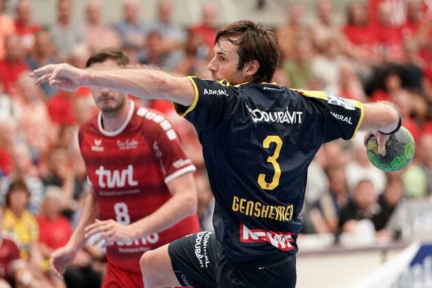 Uwe Gensheimer RNL, 3 , at the seven meter, 7 meter, penalty throw, game scene, single picture, action, action, 25 08 2019, Ludwigshafen am Rhein Germany , Handball, Bundesliga, TSG Ludwigshafen Friesenheim The Owls Rhine Neckar Lions xozx