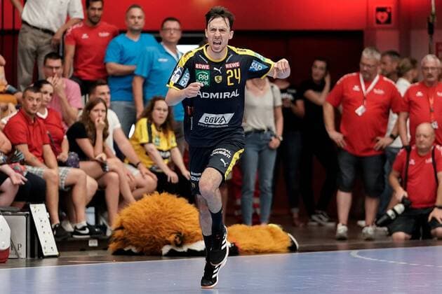 Patrick Groetzki RNL, 24 , cheers on a goal, jubilation, goal jubilation, goal success, celebrate the goal, goal, celebration, cheer on the goal, optimistic, game scene, highlight, single picture, action, action, 25 08 2019, Ludwigshafen am Rhein Germany , handball, Bundesliga, TSG Ludwigshafen Friesenheim The owls Rhine Neckar lions xozx