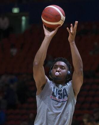 Sport Bilder der Tages BASKETBALL CANADA USA, Donovan Mitchell of the USA warms up before the Pre-FIBA World Cup series match between Canada and the USA at Qudos Bank Arena in Sydney, Monday, August 26, 2019. ( NO ARCHIVING, EDITORIAL USE ONLY, NO USE IN BOOKS WITHOUT CONSENT SYDNEY NSW AUSTRALIA  Copyright: xCRAIGxGOLDINGx 20190826001415002301