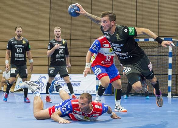 25 8 2019, Dresdens Marek Vanco in attack, handball, 2 Bundesliga, HC Elbflorenz Dresden ThSV Eisenach 28 26, c MR