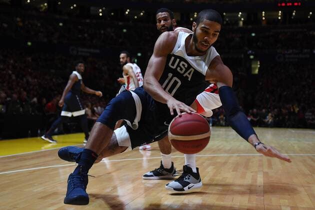 BASKETBALL CANADA USA, Jayson Tatum of the USA with the ball during the Pre-FIBA World Cup series match between Canada and the USA at Qudos Bank Arena in Sydney, Monday, August 26, 2019. ( NO ARCHIVING, EDITORIAL USE ONLY, NO USE IN BOOKS WITHOUT CONSENT SYDNEY NSW AUSTRALIA  Copyright: xDEANxLEWINSx 20190826001415007191