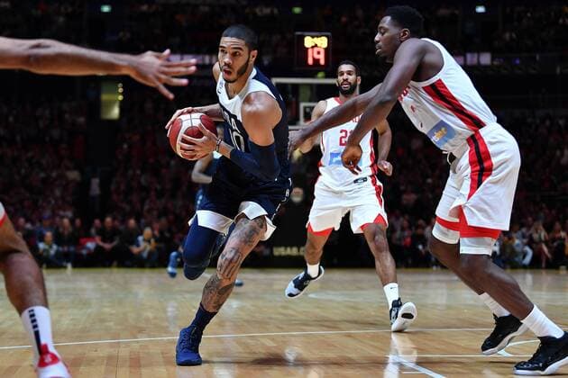 BASKETBALL CANADA USA, Jayson Tatum of the USA runs with the ball during the Pre-FIBA World Cup series match between Canada and the USA at Qudos Bank Arena in Sydney, Monday, August 26, 2019. ( NO ARCHIVING, EDITORIAL USE ONLY, NO USE IN BOOKS WITHOUT CONSENT SYDNEY NSW AUSTRALIA  Copyright: xDEANxLEWINSx 20190826001415008132