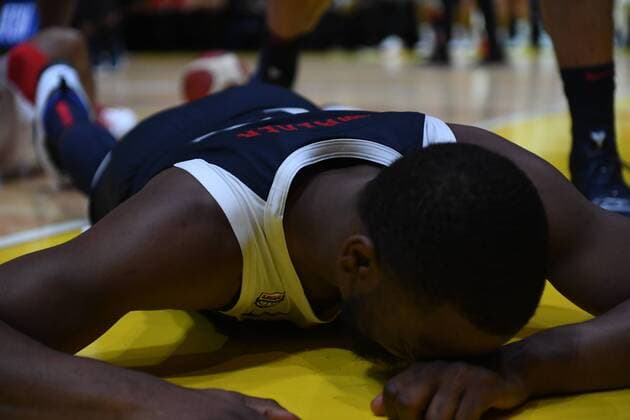 BASKETBALL CANADA USA, Kemba Walker of the USA on the ground during the Pre-FIBA World Cup series match between Canada and the USA at Qudos Bank Arena in Sydney, Monday, August 26, 2019. ( NO ARCHIVING, EDITORIAL USE ONLY, NO USE IN BOOKS WITHOUT CONSENT SYDNEY NSW AUSTRALIA  Copyright: xDEANxLEWINSx 20190826001415008761