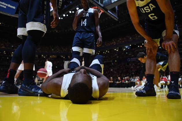 BASKETBALL CANADA USA, Kemba Walker of the USA on the ground during the Pre-FIBA World Cup series match between Canada and the USA at Qudos Bank Arena in Sydney, Monday, August 26, 2019. ( NO ARCHIVING, EDITORIAL USE ONLY, NO USE IN BOOKS WITHOUT CONSENT SYDNEY NSW AUSTRALIA  Copyright: xDEANxLEWINSx 20190826001415008779