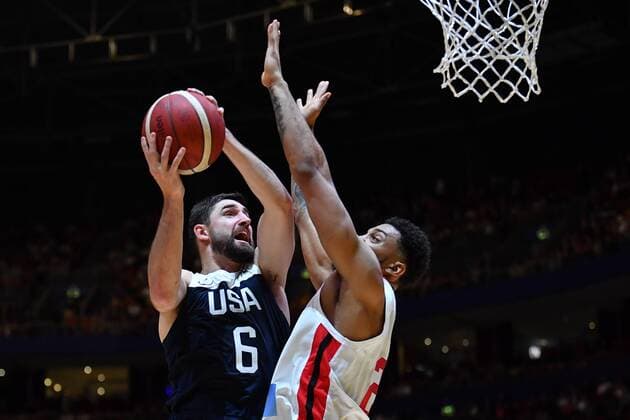 BASKETBALL CANADA USA, Joe Harris of the USA shoots for the hoop during the Pre-FIBA World Cup series match between Canada and the USA at Qudos Bank Arena in Sydney, Monday, August 26, 2019. ( NO ARCHIVING, EDITORIAL USE ONLY, NO USE IN BOOKS WITHOUT CONSENT SYDNEY NSW AUSTRALIA  Copyright: xDEANxLEWINSx 20190826001415009127