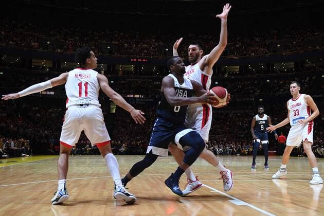 BASKETBALL CANADA USA, Harrison Barnes of the USA under pressure during the Pre-FIBA World Cup series match between Canada and the USA at Qudos Bank Arena in Sydney, Monday, August 26, 2019. ( NO ARCHIVING, EDITORIAL USE ONLY, NO USE IN BOOKS WITHOUT CONSENT SYDNEY NSW AUSTRALIA  Copyright: xDEANxLEWINSx 20190826001415009216
