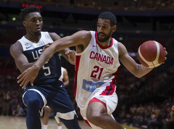 BASKETBALL CANADA USA, Thomas Scrubb of Canada drives to the basket during the Pre-FIBA World Cup series match between Canada and the USA at Qudos Bank Arena in Sydney, Monday, August 26, 2019. ( NO ARCHIVING, EDITORIAL USE ONLY, NO USE IN BOOKS WITHOUT CONSENT SYDNEY NSW AUSTRALIA  Copyright: xCRAIGxGOLDINGx 20190826001415010213