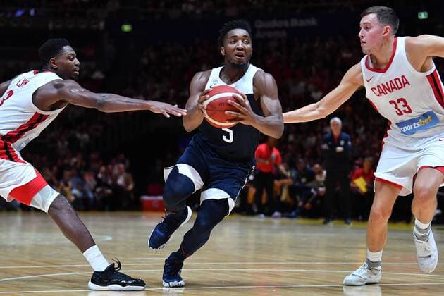 BASKETBALL CANADA USA, Donovan Mitchell of the USA during the Pre-FIBA World Cup series match between Canada and the USA at Qudos Bank Arena in Sydney, Monday, August 26, 2019. ( NO ARCHIVING, EDITORIAL USE ONLY, NO USE IN BOOKS WITHOUT CONSENT SYDNEY NSW AUSTRALIA  Copyright: xDEANxLEWINSx 20190826001415010401