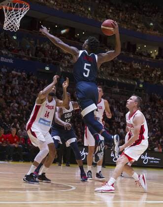 BASKETBALL CANADA USA, Donovan Mitchell of the USA drives to the basket during the Pre-FIBA World Cup series match between Canada and the USA at Qudos Bank Arena in Sydney, Monday, August 26, 2019. ( NO ARCHIVING, EDITORIAL USE ONLY, NO USE IN BOOKS WITHOUT CONSENT SYDNEY NSW AUSTRALIA  Copyright: xCRAIGxGOLDINGx 20190826001415021047