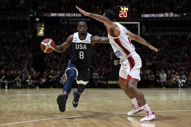26th August 2019; Qudos Bank Arena, Sydney, New South Wales, Australia; International Basketball, United Sates of America Basketball versus Canada Basketball; Harrison Barnes of USA dribbles the ball as Phil Scrubb of Canada tries to block - Editorial Use Only.  ActionPlus12163445 NigelxOwen