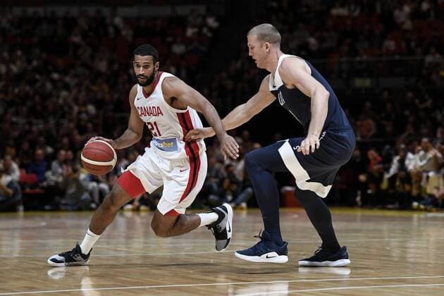 26th August 2019; Qudos Bank Arena, Sydney, New South Wales, Australia; International Basketball, United Sates of America Basketball versus Canada Basketball; Thomas Scrubb of Canada dribbles past Mason Plumlee of USA - Editorial Use Only.  ActionPlus12163484 NigelxOwen