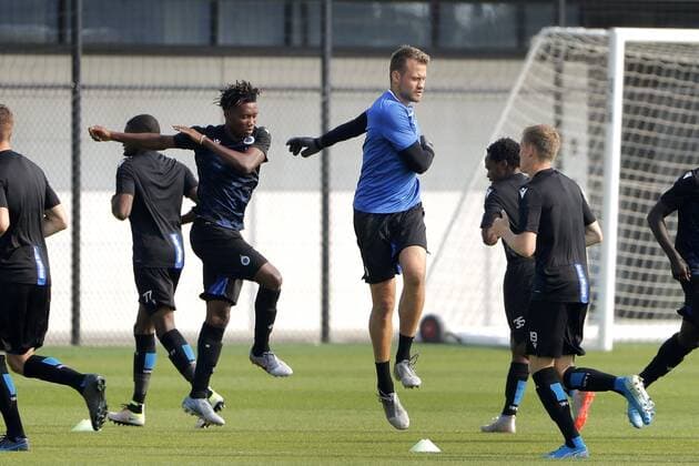 WESTKAPELLE, BELGIUM - AUGUST 27 : David Okereke forward of Club Brugge and Simon Mignolet goalkeeper of Club Bruggepictured during a training session prior the UEFA Champions League play-offs 2nd leg match between Club Brugge and LASK on August 27, 2019 in Westkapelle, Belgium, 27 08 2019 FOOTBALL : Entrainement Club Bruges - 27 08 2019 PhotoNews Panoramic 
