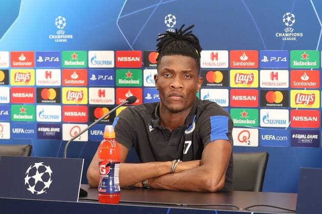 Club s Simon Deli pictured during a press conference, PK, Pressekonferenz of Belgian soccer team Club Brugge, Tuesday 27 August 2019 in Brugge, in preparation of Tomorrow s return match against Austrian club LASK Linz in the play-offs of the UEFA Champions League. BRUNOxFAHY  x05649942x