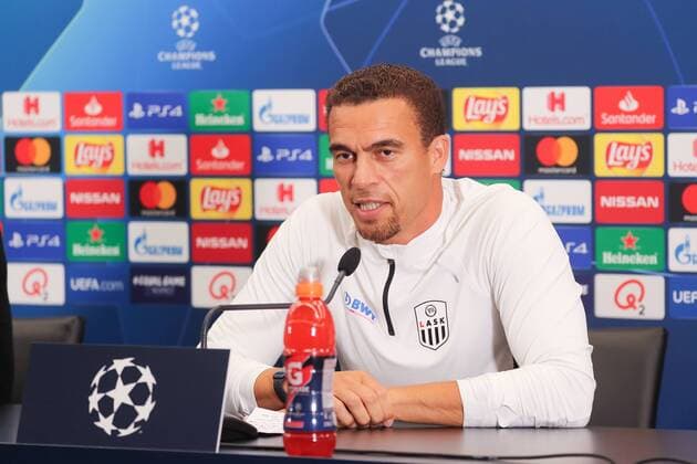 LASK s head coach Valerien Ismael pictured during a press conference, PK, Pressekonferenz of Austrian soccer club LASK Linz, Tuesday 27 August 2019 in Brugge, in preparation of tomorrow s return match against Belgian team Club Brugge KV in the play-offs of the UEFA Champions League. BRUNOxFAHY  x05650198x