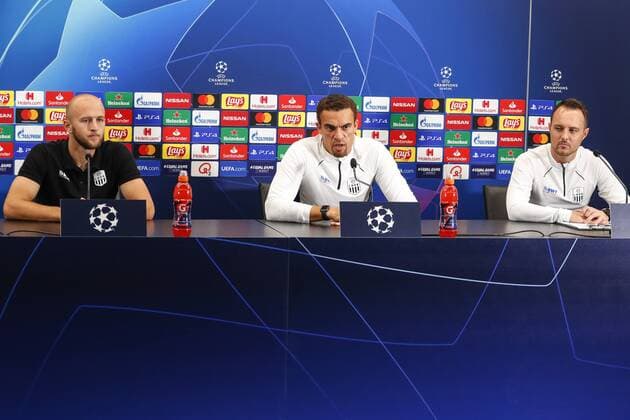 SOCCER - CL play off, Bruegge vs LASK BRUGES,BELGIUM,27.AUG.19 - SOCCER - UEFA Champions League, play off, FC Bruegge vs LASK, preview, press conference, PK, Pressekonferenz LASK. Image shows Gernot Trauner (LASK), head coach Valerien Ismael (LASK) and press officer Georg Hochedlinger (LASK). GEPAxpictures xJasminxWalter