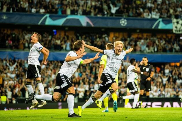 190828 Mike Lindemann Jensen and Birger Solberg Meling of Rosenborg celebrates after the 1 0 goal during the Champions League play off match between Rosenborg and Dinamo Zagreb on August 28, 2019 in Trondheim Photo Marius Simensen BILDBYRAN Cop 238 bbeng champions league play off dinamo zagreb football fotball fotboll rosenborg,  Copyright: MARIUSxSIMENSEN BB190828BB019