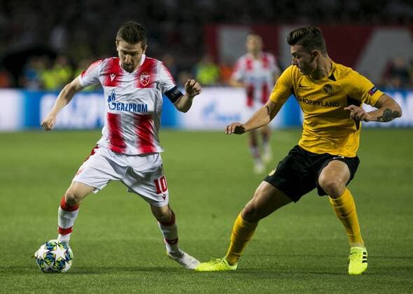 27th August 2019, Rajko Mitic Stadium, Belrgrade, Serbia; UEFA Champions league football, qualifying, Red Star Belgrade versus Young Boys; Marko Marin of Red Star Belgrade competes against Cedric Zesiger of Young Boys - Strictly Editorial Use Only. No use with unauthorized audio, video, data, fixture lists, club league logos or live services. Online in-match use limited to 120 images, no video emulation. No use in betting, games or single club league player publications ActionPlus12163636 NikolaxKristic