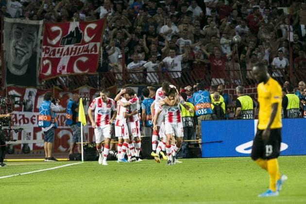 27th August 2019, Rajko Mitic Stadium, Belgrade, Serbia; UEFA Champions league football, qualifying, Red Star Belgrade versus Young Boys; Aleksa Vukanovic of Red Star Belgrade celebrates after scoring his goal for 1-0 in the 59th minute with his team mates - Editorial Use Only  ActionPlus12163664 NikolaxKristic