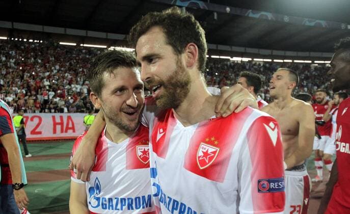 27.08.2019 Belgrade(Serbia) FK Crvena Zvezda(Red Star)-BSC Young Boys Champions League play off men s footbal Marko Marin,Jose Canas FK Crvena Zvezda (Red Star)celebrate going in champions league after match : 