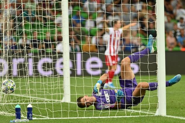 KRASNODAR, RUSSIA - AUGUST 27, 2019: FC Krasnodar s goalkeeper Stanislav Kritsyuk concedes a goal in the senond leg of the 2019-20 UEFA Champions League play-off football match between FC Krasnodar and Olympiacos FC at Krasnodar Stadium; Olympiacos FC won 2-1. Maxim Romanov TASS  TS0B8360