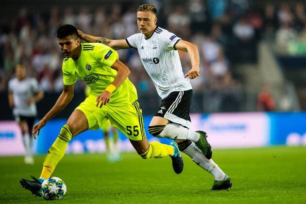 190828 Dino Peric of Dinamo Zagreb and Alexander Toft Soderlund of Rosenborg during the Champions League play off match between Rosenborg and Dinamo Zagreb on August 28, 2019 in Trondheim Photo Marius Simensen BILDBYRAN Cop 238 bbeng champions league play off dinamo zagreb football fotball fotboll rosenborg,  Copyright: MARIUSxSIMENSEN BB190828BB085