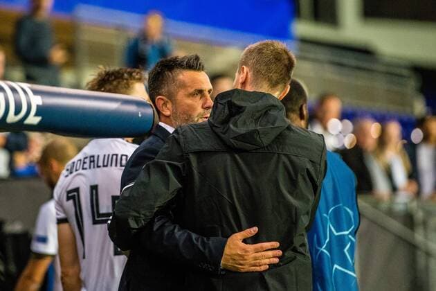 190828 Nenad Bjelica, head coach of Dinamo Zagreb, and Eirik Horneland, head coach of Rosenborg, after the Champions League play off match between Rosenborg and Dinamo Zagreb on August 28, 2019 in Trondheim Photo Marius Simensen BILDBYRAN Cop 238 bbeng champions league play off dinamo zagreb football fotball fotboll rosenborg,  Copyright: MARIUSxSIMENSEN BB190828BB096