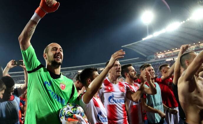 27.08.2019 Belgrade(Serbia) FK Crvena Zvezda(Red Star)-BSC Young Boys Champions League play off men s football Milan Borjan,Dusan Jovancic FK Crvena Zvezda (Red Star) celebrate after match :Str 