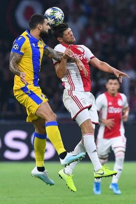 Football Champions League Playoff Round Ajax Amsterdam Apoel Nikosia on 28 08 2019 in the Johann Cruyff ArenA in Amsterdam Giorgos Merkis Nikosia , left Klaas Jan Huntelaar Amsterdam , right DFL Regulations prohibit any use of photographs as image sequences and or quasi video xRx