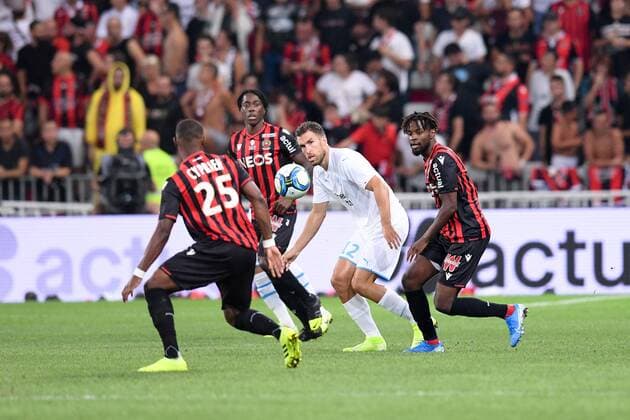 Fußball, OGC Nizza - Olympique Marseille 12 KEVIN STROOTMAN (OM) - 05 ADRIEN TAMEZE (NICE) FOOTBALL : Nice vs Marseille - Ligue 1 Conforama - 28 08 2019 FEP Panoramic 
