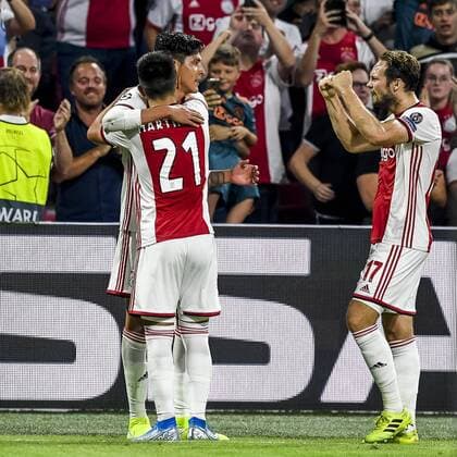 AMSTERDAM , 29-08-2019 , Johan Cruijff ArenA , Champions League playoff, season 2019-2020 , Ajax player Edson Alvarez celebrating the goal with Ajax player Lisandro Martinez and Ajax player Daley Blind during the match Ajax - APOEL Nicosia Ajax - APOEL Nicosia  x4211881x Copyright:
