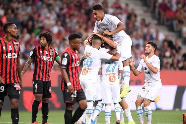 Fußball, OGC Nizza - Olympique Marseille JOIE - 04 BOUBACAR KAMARA (OM) - 08 MORGAN SANSON (OM) FOOTBALL : Nice vs Marseille - Ligue 1 Conforama - 28 08 2019 FEP Panoramic 