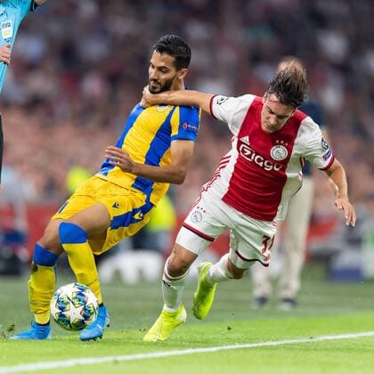 Amsterdam, Netherlands, 28 08 2019, UEFA Champions League, Play off, Ajax Amsterdam APOEL Nicosia, Nicolas Tagliafico Ajax and Musa Suleiman Nicosia in the duel, battle for the ball Amsterdam Netherlands eu images 01061008718 eu-images-061