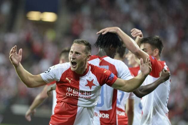Sport Bilder des Tages JAN BORIL of Slavia Prague scores and celebrates a goal during the Football Champions League 4th qualifying round return match: Slavia Prague vs Cluj-Napoca in Sinobo Stadium, Prague, Czech Republic, August 28, 2019. (CTKxPhoto KaterinaxSulova) CTKPhotoP201908281037301  _SUK7883