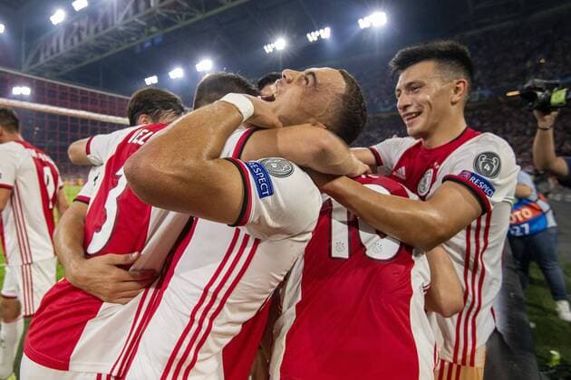 AMSTERDAM , 29-08-2019 , Johan Cruijff ArenA , Champions League playoff, season 2019-2020 , players of Ajax celebrating the 2-0 during the match Ajax - APOEL Nicosia Ajax - APOEL Nicosia  x4212202x Copyright: