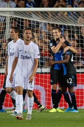 Club s Emmanuel Bonaventure Dennis celebrates after scoring during a game between Belgian soccer team Club Brugge and Austrian club LASK Linz, Wednesday 28 August 2019 in Brugge, the return match in the play-offs of the UEFA Champions League, after a 0-1 victory of Club in the first leg. KURTxDESPLENTER  x05650952x