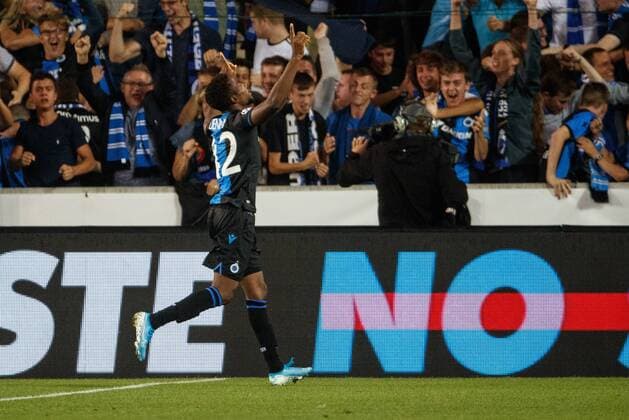 Club s Emmanuel Bonaventure Dennis celebrates after scoring during a game between Belgian soccer team Club Brugge and Austrian club LASK Linz, Wednesday 28 August 2019 in Brugge, the return match in the play-offs of the UEFA Champions League, after a 0-1 victory of Club in the first leg. KURTxDESPLENTER  x05650960x