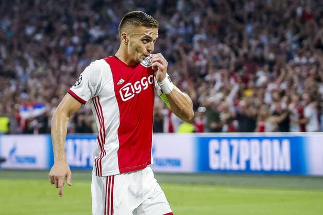 AMSTERDAM , 29-08-2019 , Johan Cruijff ArenA , Champions League playoff, season 2019-2020 , Ajax player Dusan Tadic celebrating the goal 2-0 during the match Ajax - APOEL Nicosia Ajax - APOEL Nicosia  x4212210x Copyright: