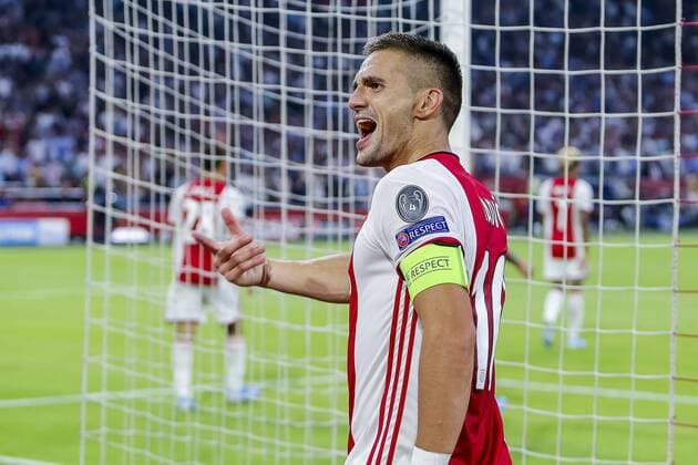 AMSTERDAM , 29-08-2019 , Johan Cruijff ArenA , Champions League playoff, season 2019-2020 , Ajax player Dusan Tadic celebrating the goal 2-0 during the match Ajax - APOEL Nicosia Ajax - APOEL Nicosia  x4212214x Copyright: