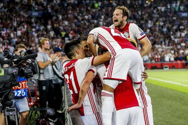 AMSTERDAM , 29-08-2019 , Johan Cruijff ArenA , Champions League playoff, season 2019-2020 , Ajax player Daley Blind celebrating the goal of Ajax player Dusan Tadic during the match Ajax - APOEL Nicosia Ajax - APOEL Nicosia  x4212216x Copyright: