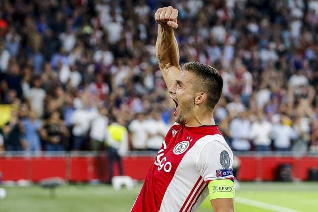 AMSTERDAM , 29-08-2019 , Johan Cruijff ArenA , Champions League playoff, season 2019-2020 , Ajax player Dusan Tadic celebrating the goal 2-0 during the match Ajax - APOEL Nicosia Ajax - APOEL Nicosia  x4212260x Copyright: