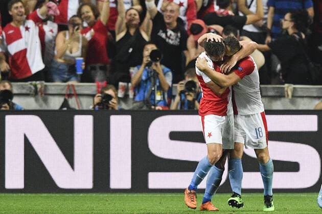 From left JAN BORIL, DAVID HOVORKA both of Slavia celebrate a goal during the Football Champions League 4th qualifying round return match: Slavia Prague vs Cluj-Napoca in Sinobo Stadium, Prague, Czech Republic, August 28, 2019. (CTKxPhoto MichalxKamaryt) CTKPhotoP201908281042701  kmt 5