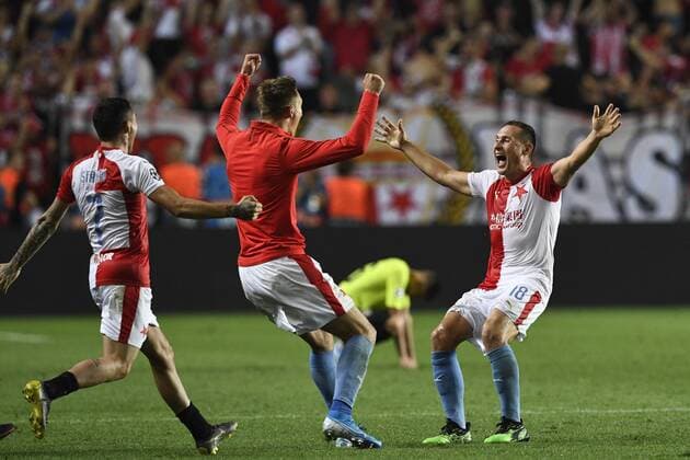 Slavia Prague defeated Cluj 1-0 in football return match of Champions League 4th qualifying round and advanced to the group stage. Soccer players celebrate a victory in Sinobo Stadium, Prague, Czech Republic, August 28, 2019. At right is Jan Boril. (CTKxPhoto MichalxKamaryt) CTKPhotoP201908281068201  kmt 10