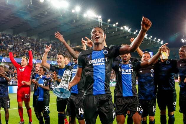 Club s players celebrate after winning a game between Belgian soccer team Club Brugge and Austrian club LASK Linz, Wednesday 28 August 2019 in Brugge, the return match in the play-offs of the UEFA Champions League, after a 0-1 victory of Club in the first leg. BRUNOxFAHY  x05650991x