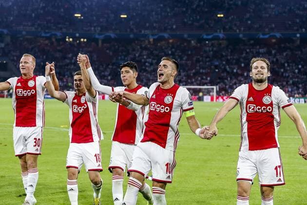 AMSTERDAM , 29-08-2019 , Johan Cruijff ArenA , Champions League playoff, season 2019-2020 , Ajax player Dani de Wit , Ajax player Razvan Marin ,Ajax player Edson Alvarez , Ajax player Dusan Tadic, Ajax player Daley Blind celebrating the win during the match Ajax - APOEL Nicosia. Final score 2-0. Ajax - APOEL Nicosia  x4212366x Copyright: