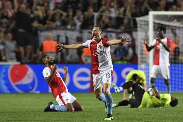 Slavia Prague defeated Cluj 1-0 in football return match of Champions League 4th qualifying round and advanced to the group stage. Soccer players celebrate a victory in Sinobo Stadium, Prague, Czech Republic, August 28, 2019. Centre is Jan Boril of Slavia. (CTKxPhoto MichalxKamaryt) CTKPhotoP201908281075801  kmt 13